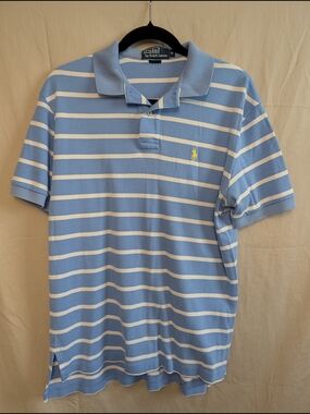 Ralph Lauren Light Blue & White Striped Polo with Yellow Logo